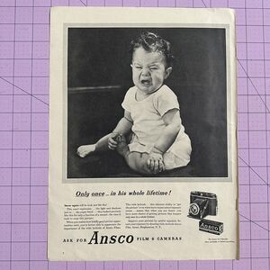 1947 Ansco Film and Camera Print Ad Crying Baby